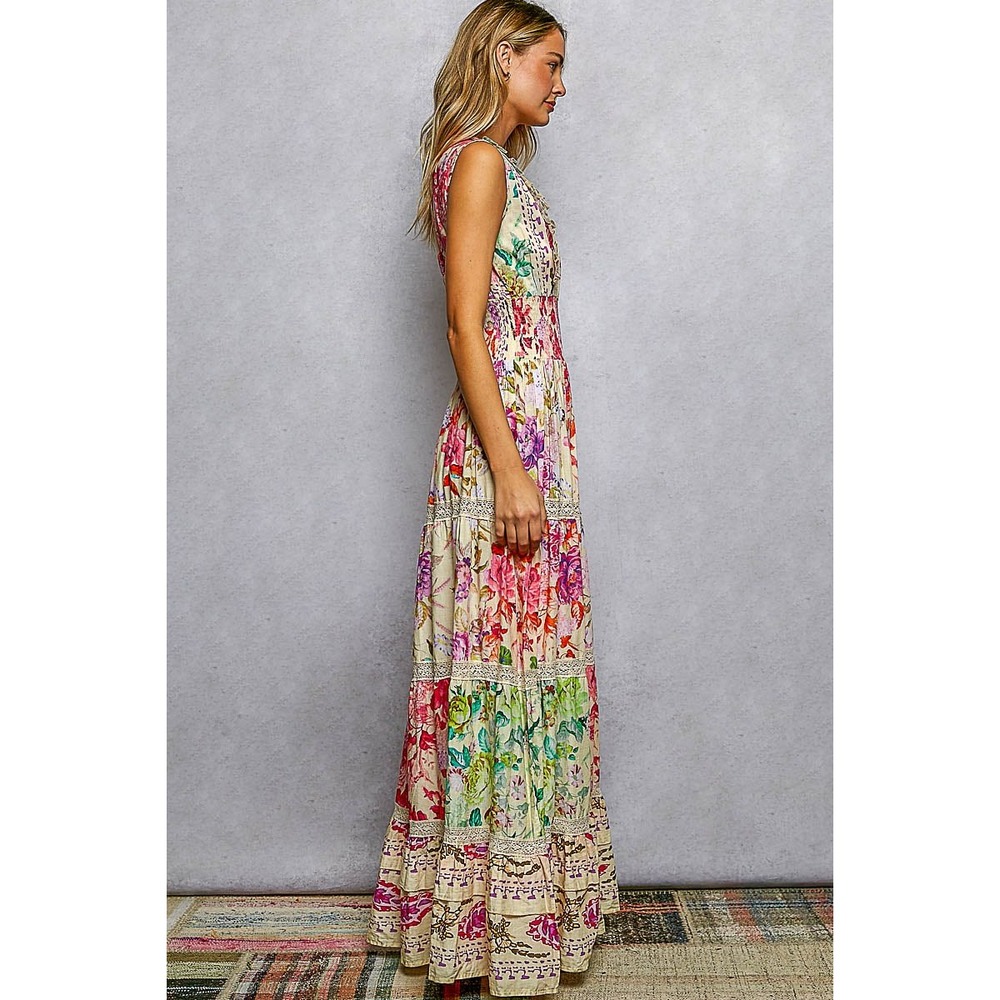 POL Floral V-Neck Sleeveless Cotton Maxi Dress Smocked Waist Ruffle Trim Boho M - Picture 5 of 7